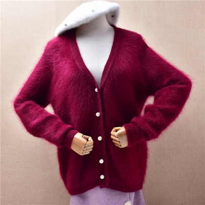 2025冬季新款深红色v领珠花扣ins长毛貂绒宽松蝙蝠袖外套毛衣346
