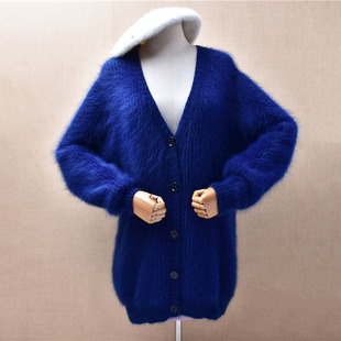 中长款粗砂加厚深蓝色v领ins长毛貂绒韩版宽松蝙蝠袖外套毛衣437