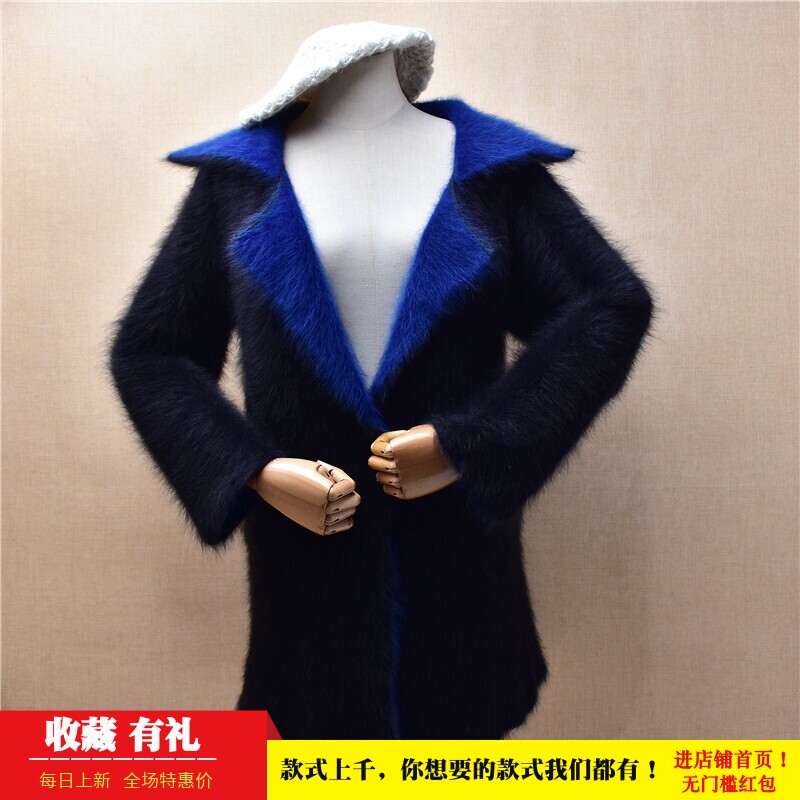 冬季加厚中长款ins长毛貂绒黑色西装领宽松显瘦蝙蝠袖外套毛衣456