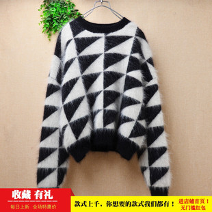短款秋冬ins长毛貂绒黑白菱形相间圆领韩版宽松慵懒套头毛衣女441