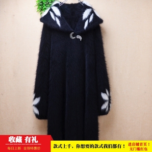 冬季加厚中长款ins长毛貂绒黑色印花款娃娃领泡泡袖外套毛衣女528