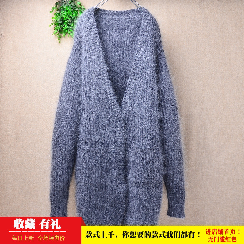粗砂加厚中长款ins长毛貂绒深灰色条纹v领宽松蝙蝠袖外套女465