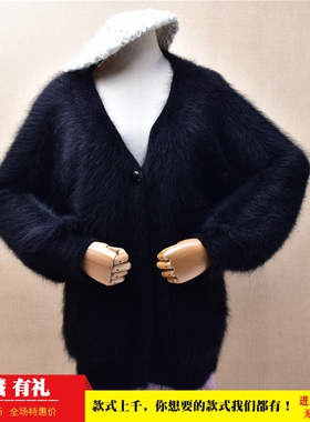 粗砂条纹加厚ins长毛貂绒黑色v领韩版宽松灯笼袖慵懒风外套毛衣30