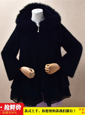 冬季加厚中长款黑色毛领蕾丝连帽衫ins长毛貂绒宽松显瘦外套女276