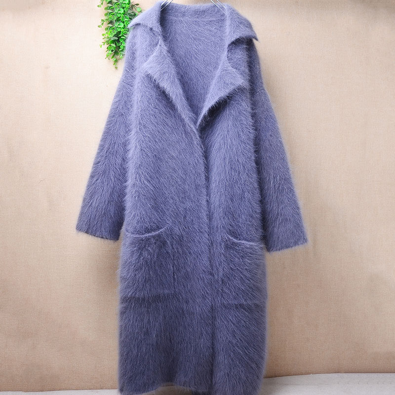 超长款冬季加厚灰蓝色西装领ins长毛貂绒宽松口袋蝙蝠袖外套女397