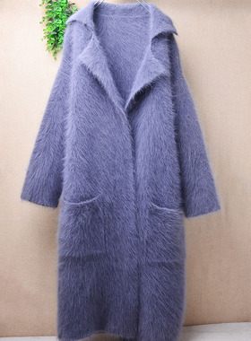 超长款冬季加厚灰蓝色西装领ins长毛貂绒宽松口袋蝙蝠袖外套女397