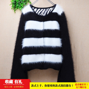 爱客秋冬款ins长毛貂绒黑白条纹拼色宽松显瘦泡泡袖外套毛衣女67