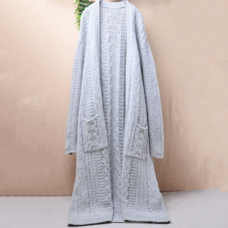 超长款冬季加厚银灰色麻花条纹披风韩版宽松蝙蝠袖外套毛衣女464