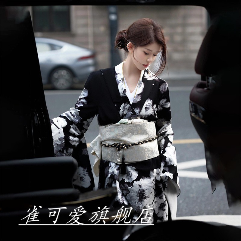 摄影月下和服 黑色樱花季少女和服浴衣日本和服正装女改良和服