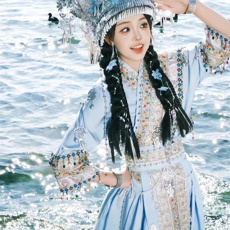 新款苗疆少女异域风蓝色套装超仙民族风汉元素特色服装旅拍写真服