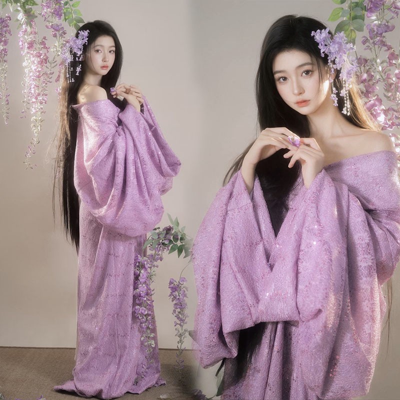 照相馆新款紫色亮片战国袍蕾丝汉服女仙气直裾古装写真艺术照摄影