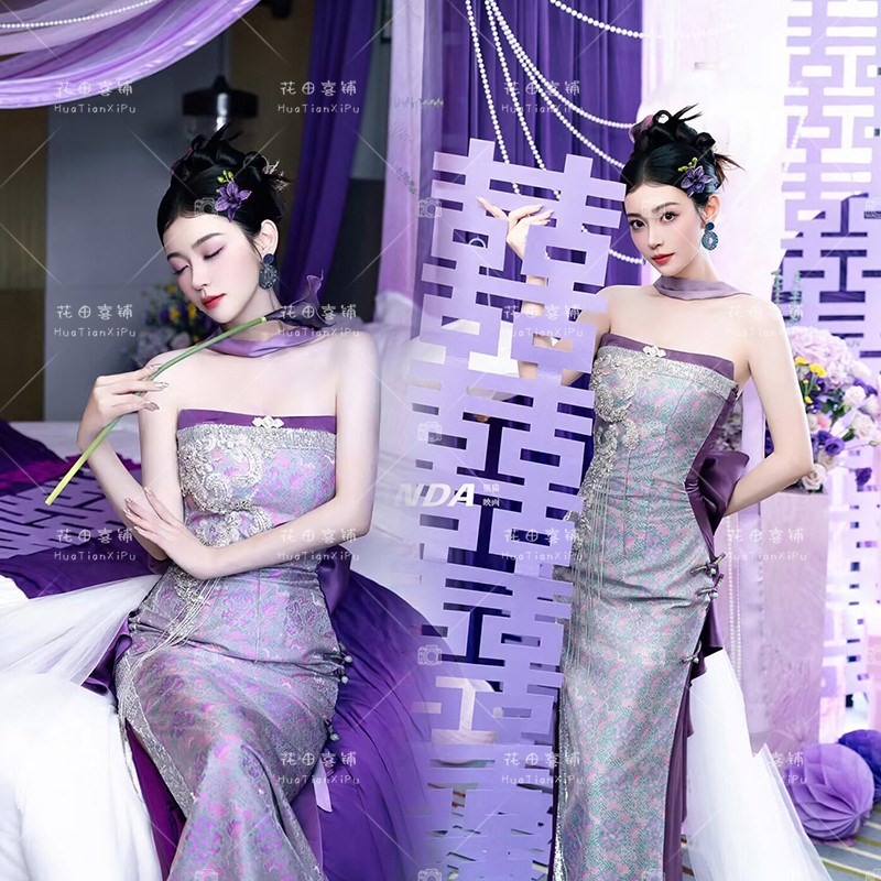 新中式晨袍女2026新款高级感轻奢小众新娘订婚礼裙紫色抹胸敬酒服
