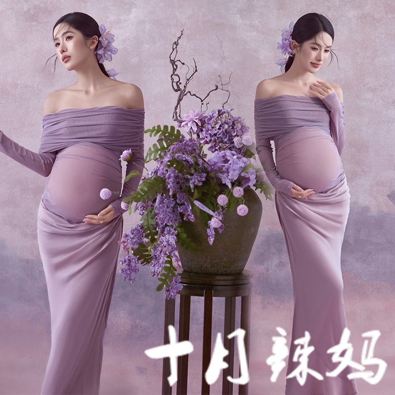 夏日影楼新款孕妇照摄影服装仙气唯美紫色一字肩连衣裙大肚照写真