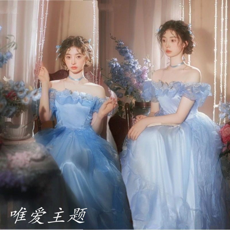 照相馆摄影新款复古婚纱写真主题服装宫廷超仙法式蓝色礼服艺术照