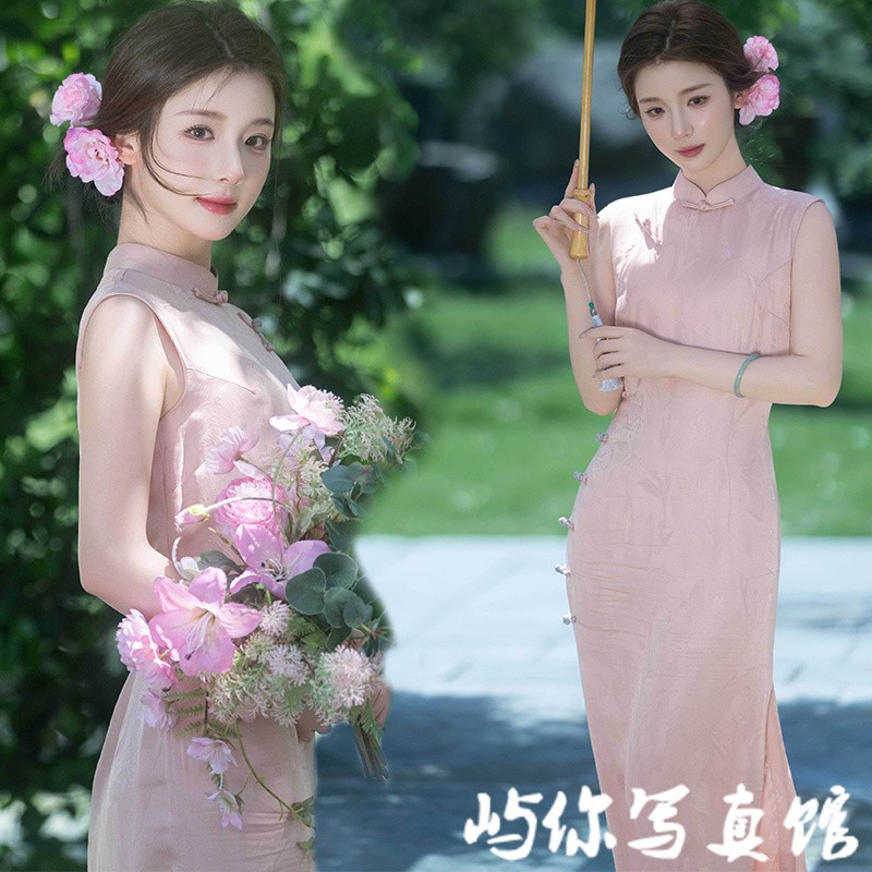 照相馆新款个人夏季粉色甜美复古旗袍少女感高级清新写真照摄影服