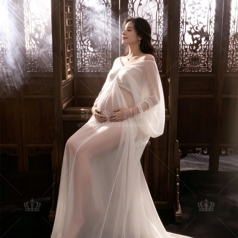 孕妇装影楼新款清冷唯美露背连衣裙仙女风高级孕妇艺术照摄影礼服