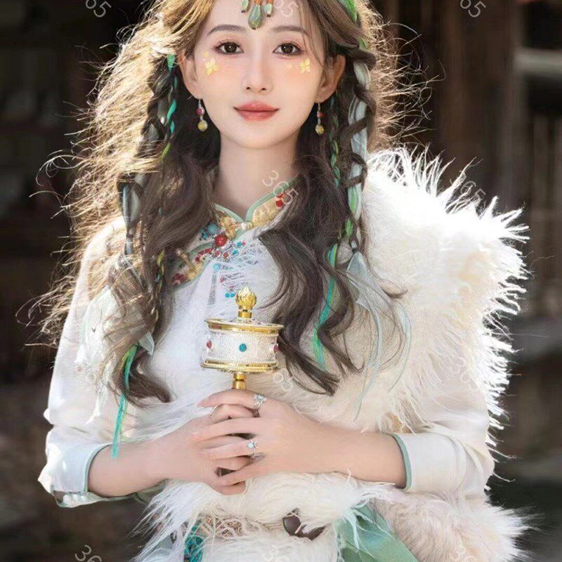 新款藏袍藏族服装女个人旅拍写真绿色藏袍西藏民族风服饰藏裙长袍