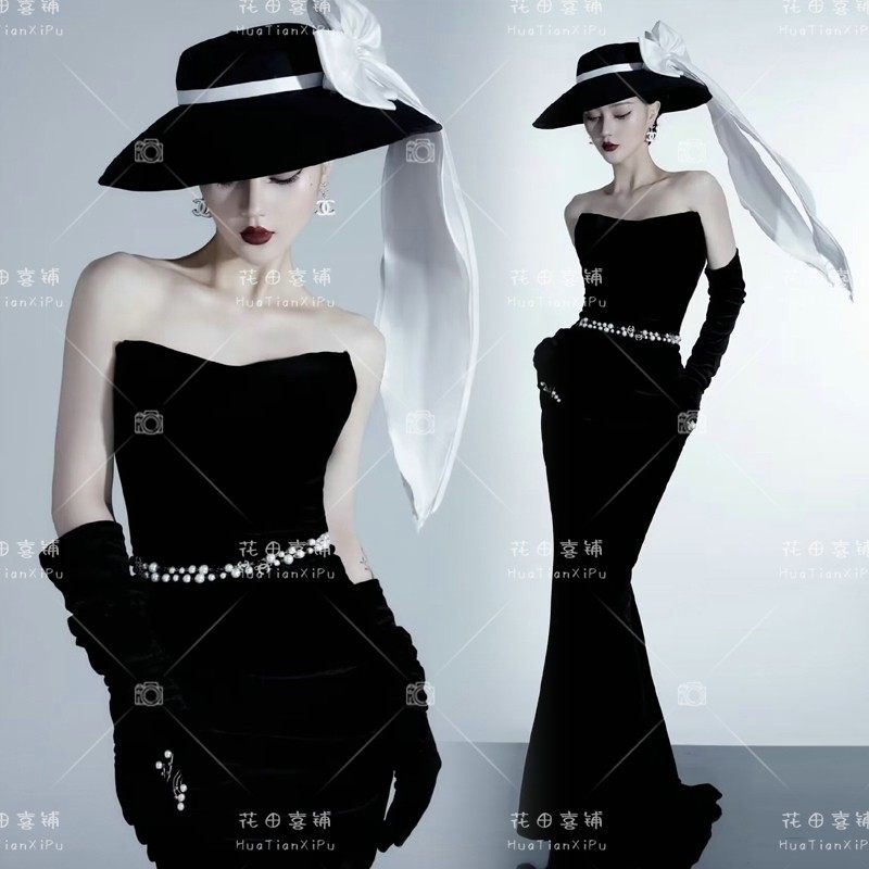 2025新款法式复古赫本风黑色抹胸鱼尾礼服艺术形象肖像照写真服装
