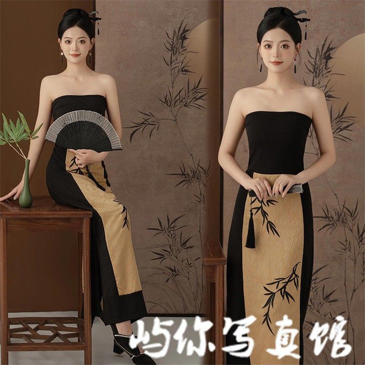 影楼国风新中式主题黑色抹胸礼服水墨画风复古写真旗袍艺术照服装,男装,其他民族服装,淘宝优惠券,粉丝福利购,淘宝优惠卷