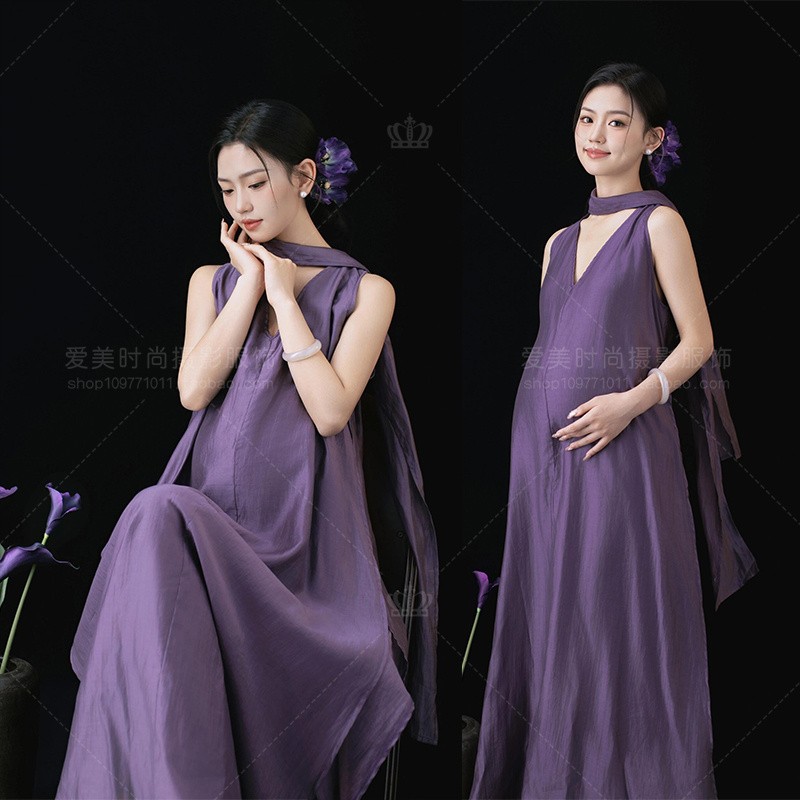 影楼新款主题服装拍照唯美风纯欲高级感紫色礼服孕妈咪大肚照写真