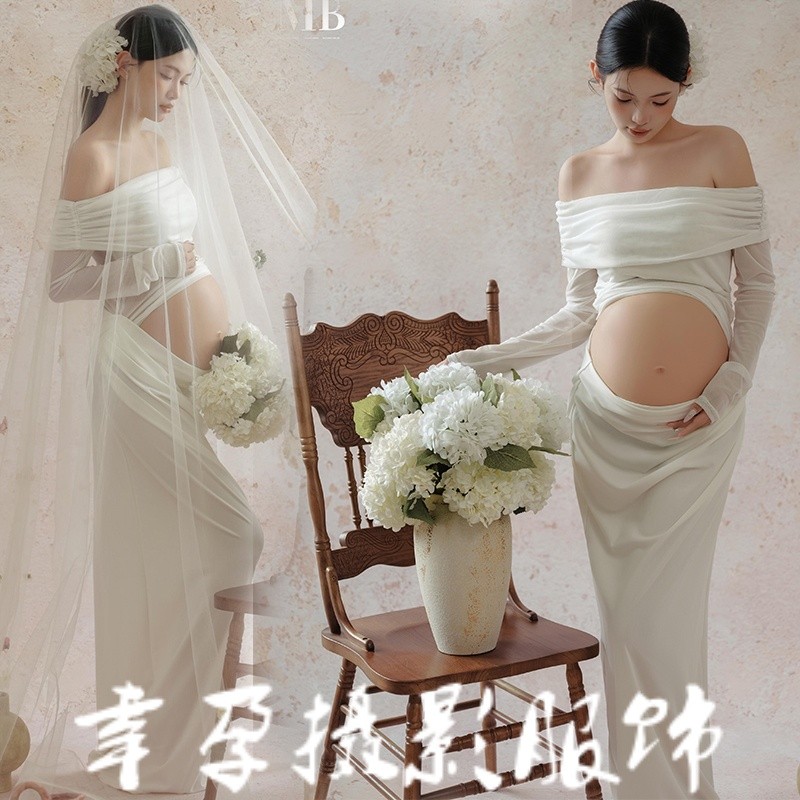 影楼孕妇照服装法式简约高级感一字肩礼服大肚摄影拍照衣服在家拍