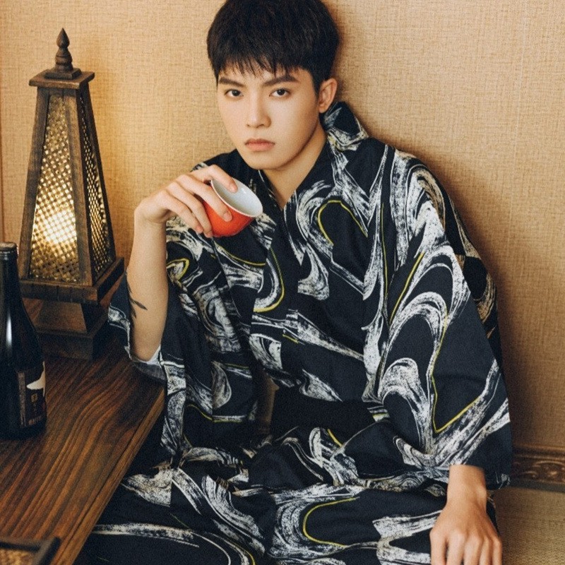 秋季改良款中国风男士和服 日式正装浴衣配黑色腰封 日系和风浴袍