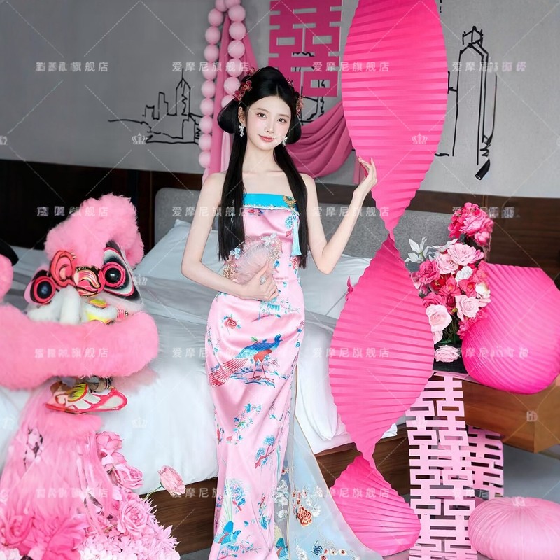 岁喜映像新中式晨袍女新娘改良敬酒服抹胸拖尾时尚旗袍国风礼服长