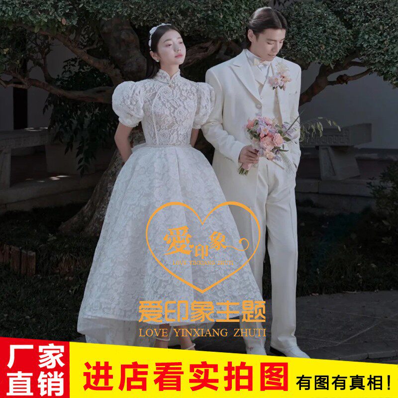 新款影楼复古主题服装中式国风婚纱摄影情侣园林写真拍照蕾丝礼服