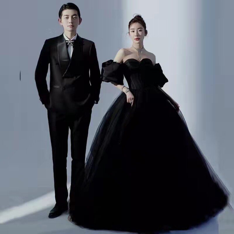 新款影楼主题韩版彩纱复古赫本风泡泡袖抹胸婚纱拖尾拍照黑色礼服