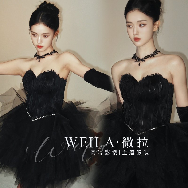 2023新款时尚韩杂画报写真黑天鹅芭蕾舞蹈演出服黑色羽毛短裙礼服