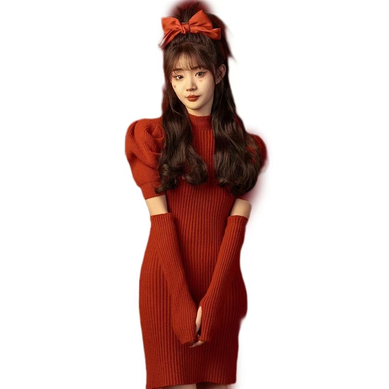 2024秋冬影楼新款氛围感圣诞红色针织连衣裙新年拍照写真艺术服装