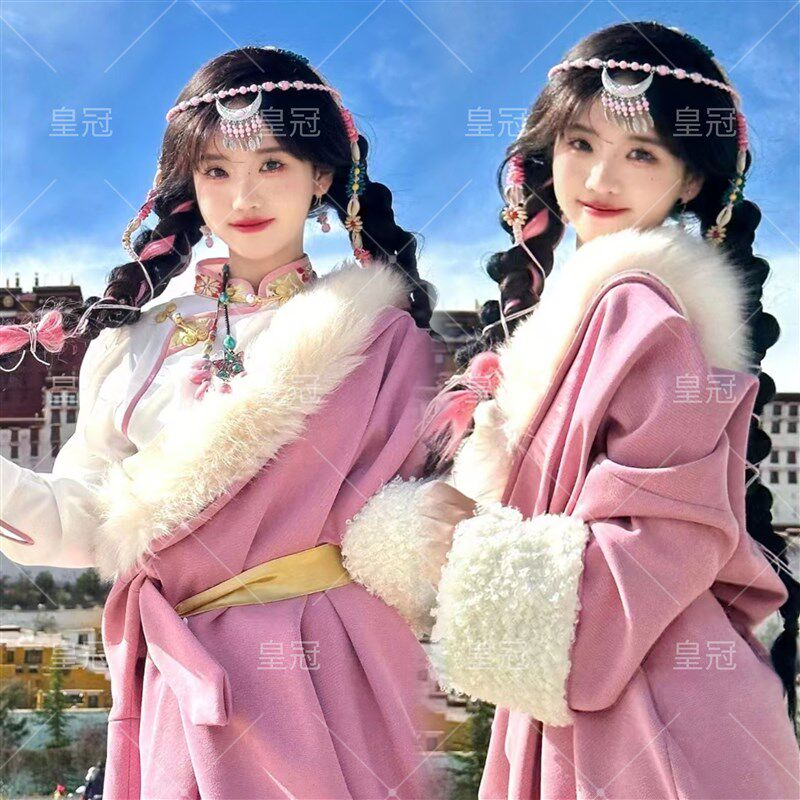2023新款藏袍藏族服装女写真旅拍粉色毛领西藏民族风服饰藏裙长袍