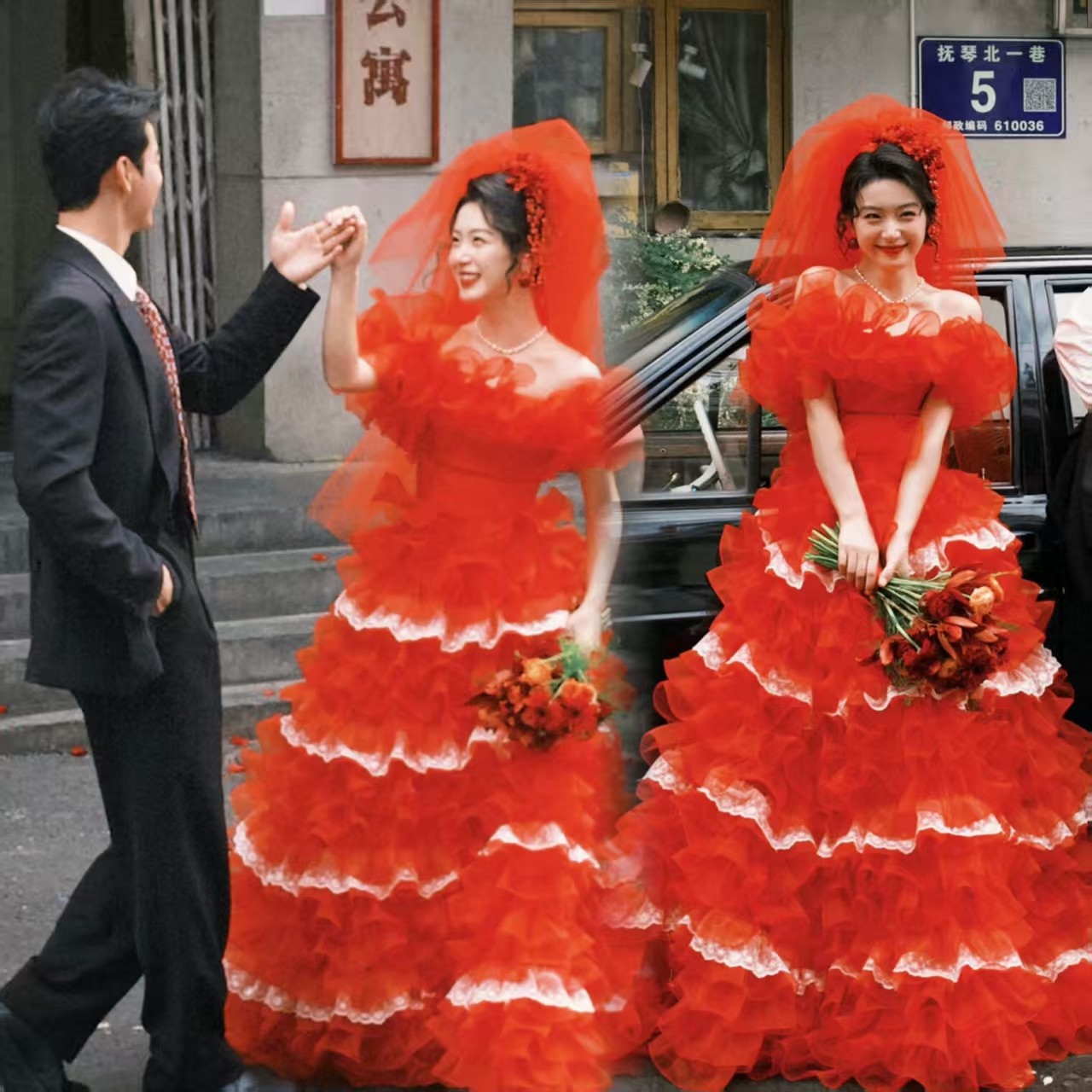 2025新款照相馆红色喜嫁复古婚纱港风氛围感80年代写真婚纱照摄影