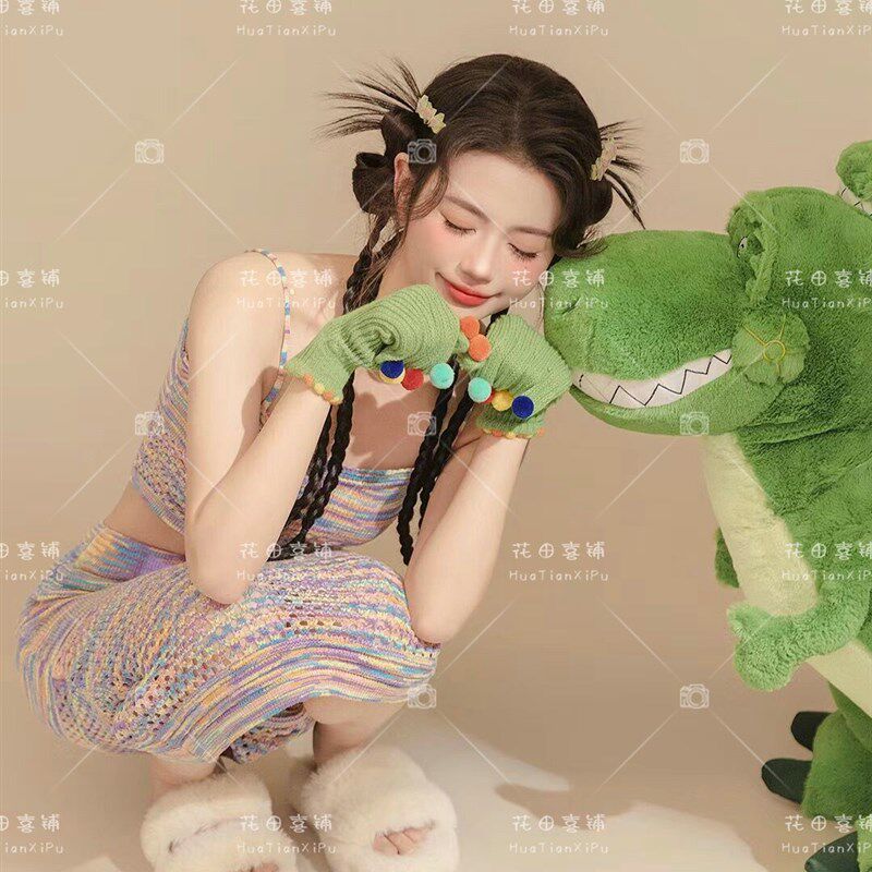 照相馆新款主题韩系小清新彩色针织套裙俏皮元气少女写真艺术照服