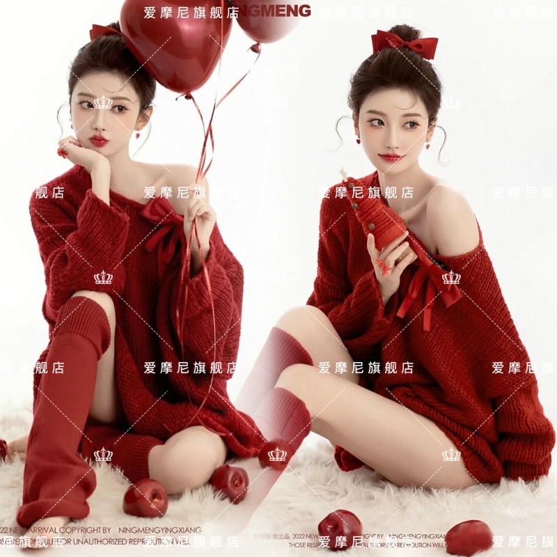 2025冬季新款新年圣诞写真主题服装红色毛衣个性女孩艺术照摄影服