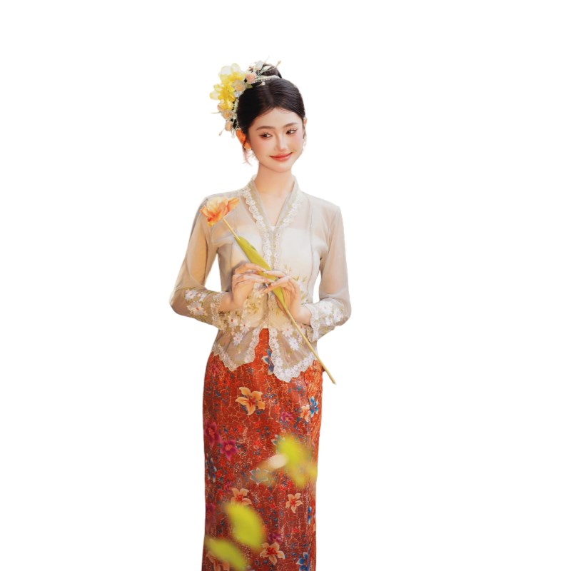 新款小娘惹簪花旅拍服女西双版纳少数民族刺绣服装小清新摄影服