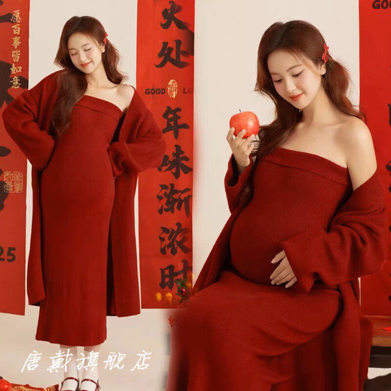 孕妇拍照服装新款影楼新年红色喜庆主题复古套装抹胸裙孕妈摄影服