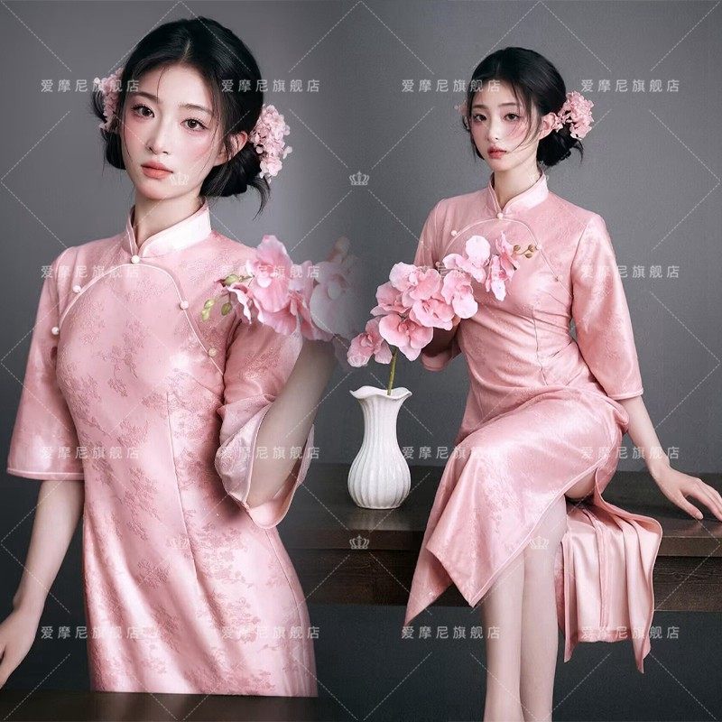 2025新款影楼新中式蝴蝶兰粉色旗袍复古国风肖像个人写真艺术服装,男装,其他民族服装,淘宝优惠券,粉丝福利购,淘宝优惠卷