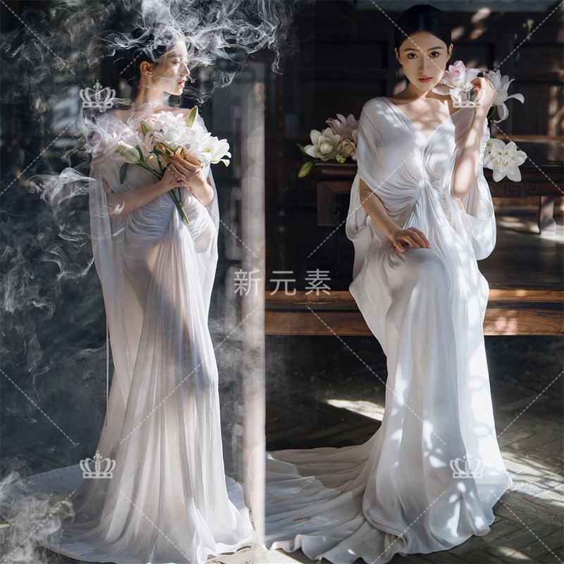 照相馆新款清冷仙女风写真洋装白色飘逸禅意风长裙艺术照摄影礼服