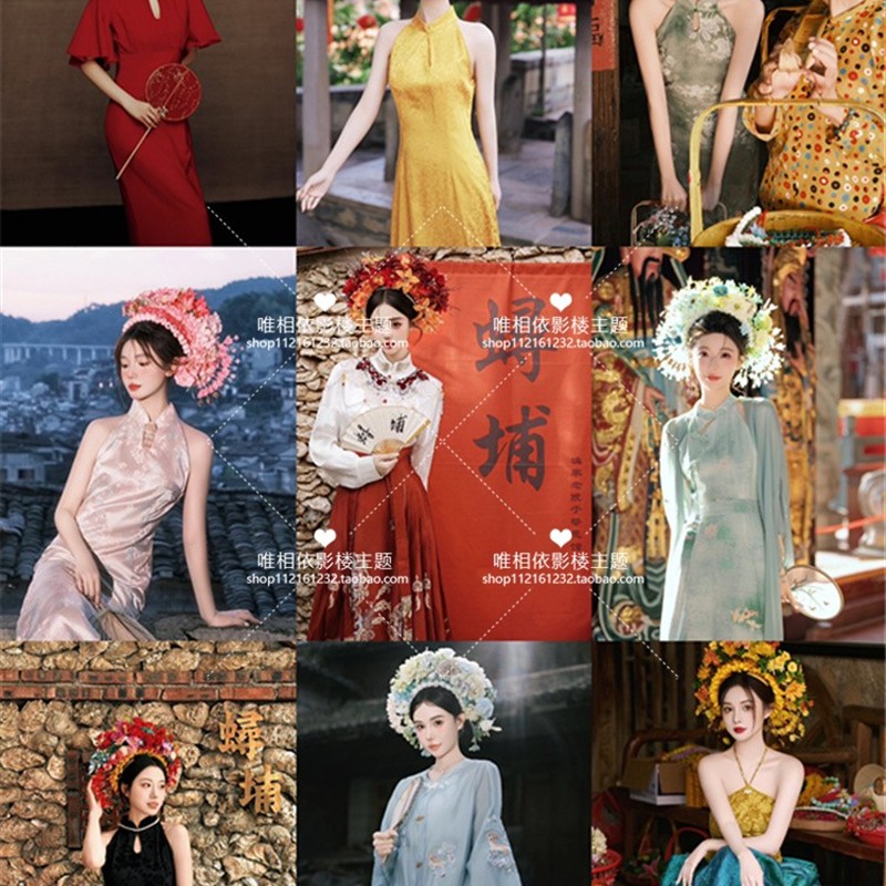 泉州旅拍写真复古中式旗袍 浔埔女簪花主题影楼拍摄服装