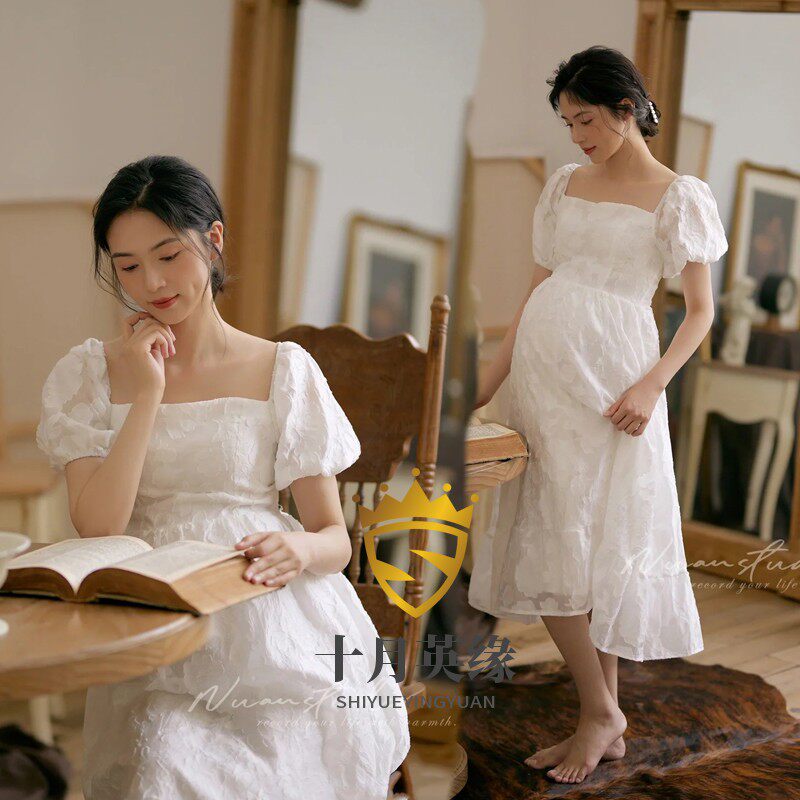 孕妇拍照服装情侣写真时尚白色吊带针织唯美艺术照清新大肚妈咪照