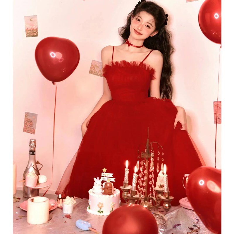 影楼新款红色纱裙少女生日写真服装氛围感俏皮画报风艺术照摄影服
