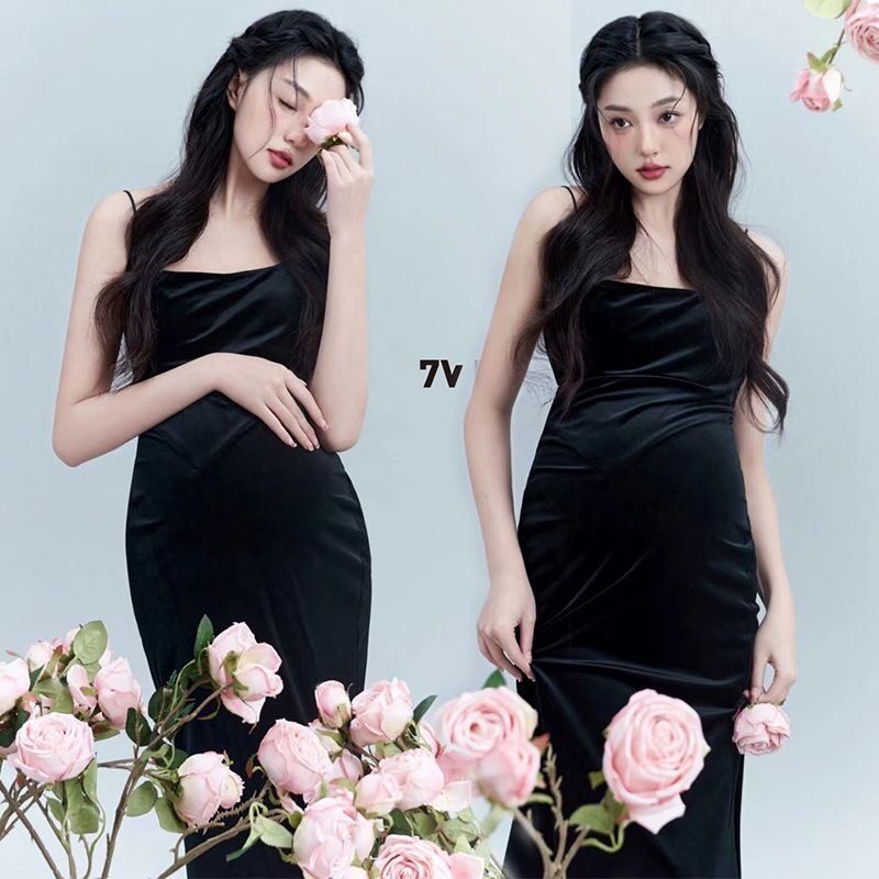 孕妇拍照服装新款照相馆孕妈咪摄影黑色丝绒吊带裙孕妇照衣服在家