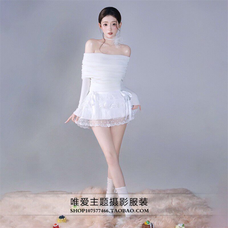 影楼甜美少女风一字领白色蛋糕裙影楼摄影服装芭蕾风氛围感艺术照