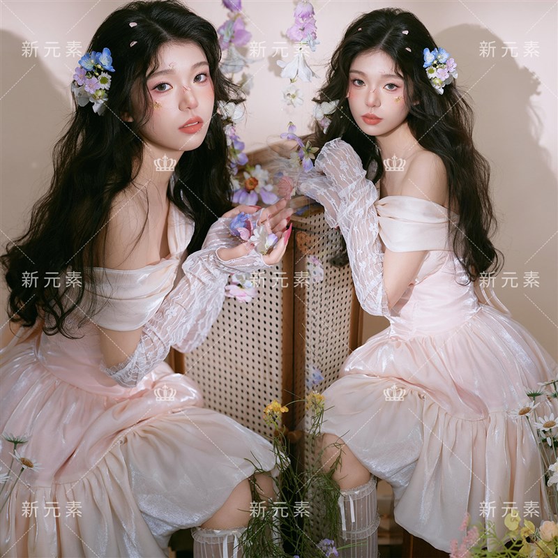 影楼新款韩系温柔风粉色连衣裙甜美少女小清新氛围感写真摄影服装