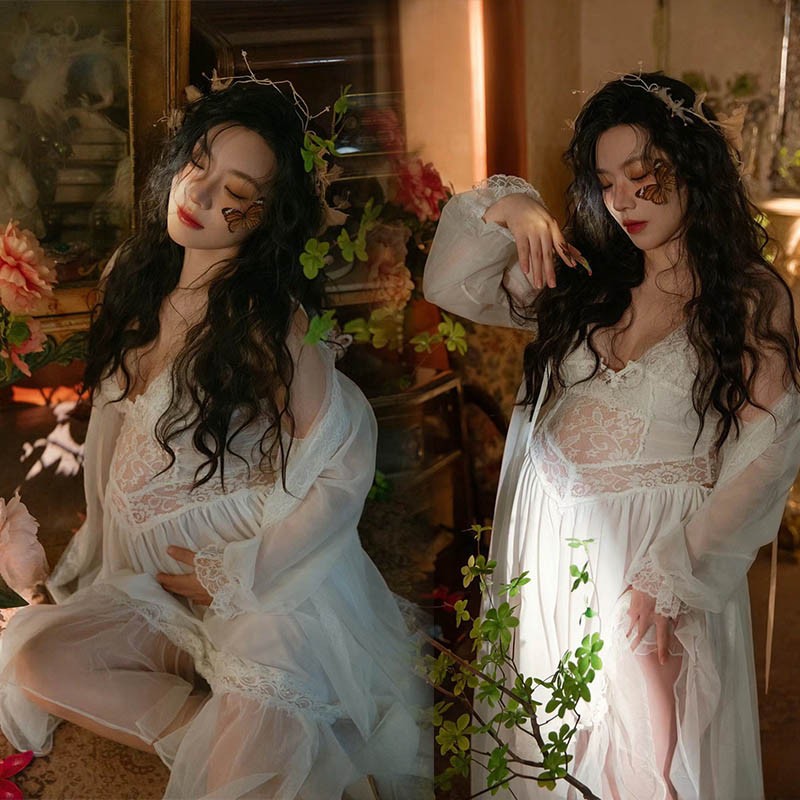 孕妇照服装新款法式复古油画风蕾丝纱裙唯美纯欲风孕妈咪摄影服装