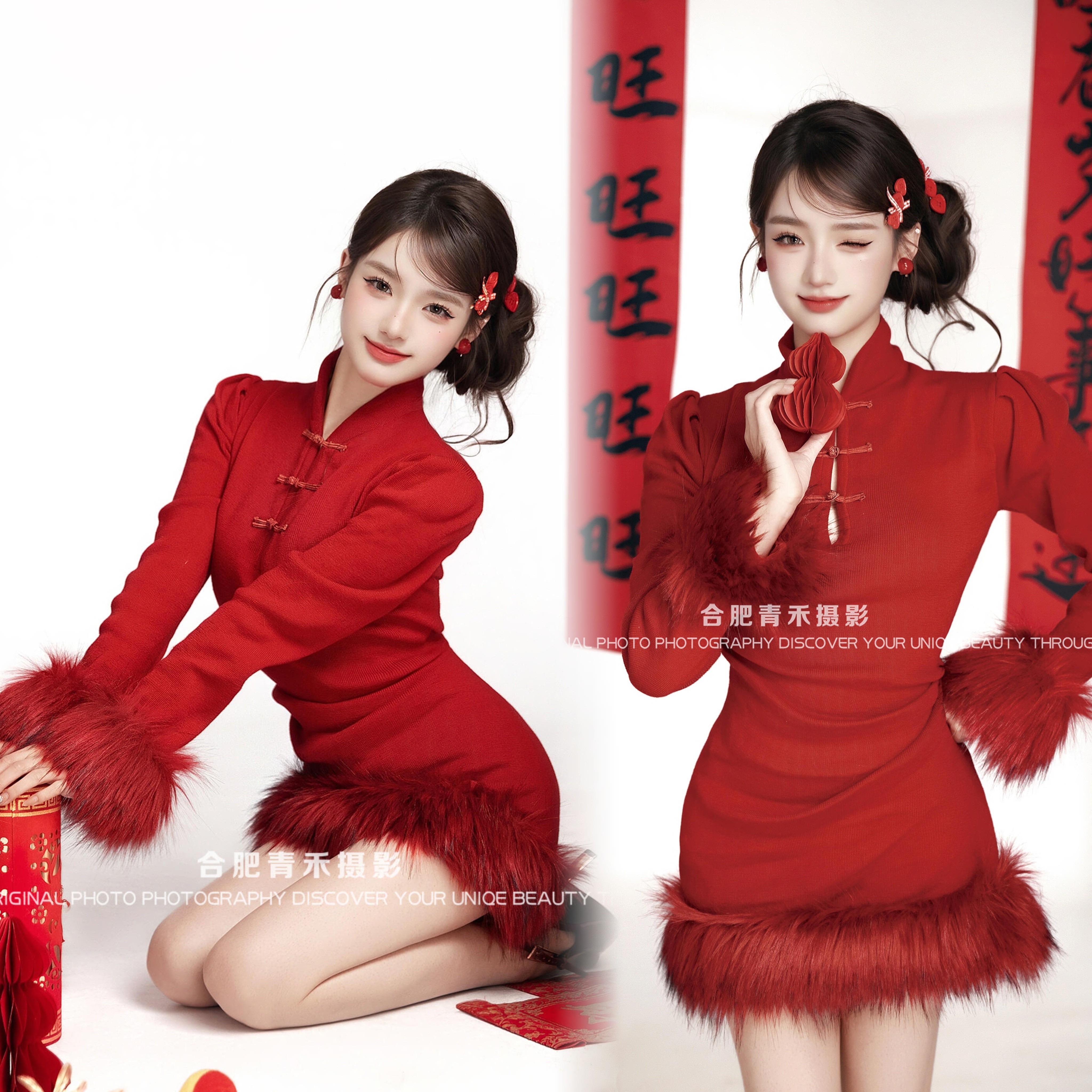 2026新款影楼新年复古红色旗袍个人写真拍照服装春节艺术照摄影服