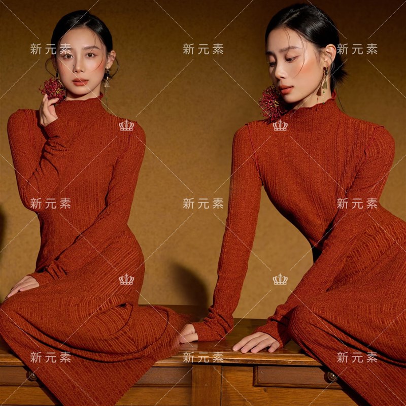 照相馆新款拍照红色针织洋装女复古国风氛围感写真艺术照摄影服装