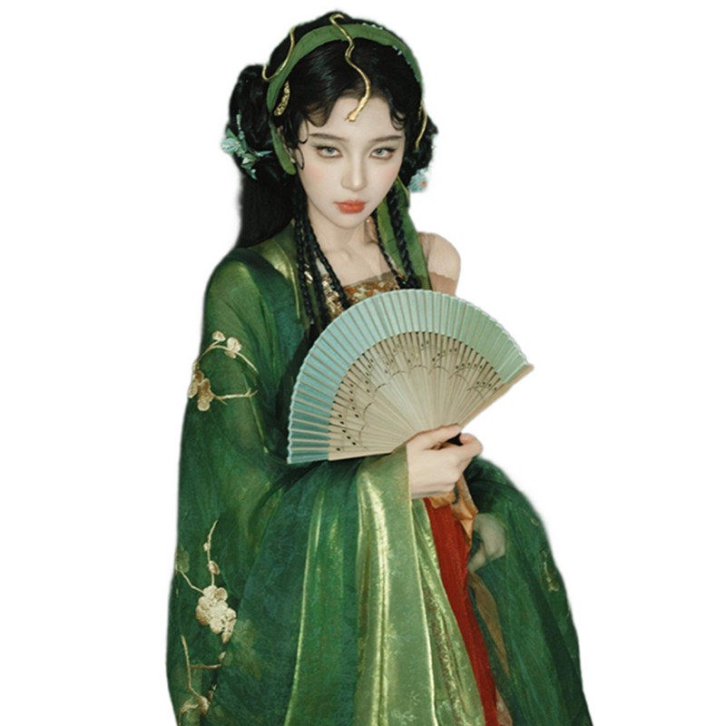 照相馆古风主题青蛇汉服女重工刺绣绿色古装纯欲艺术照写真摄影服