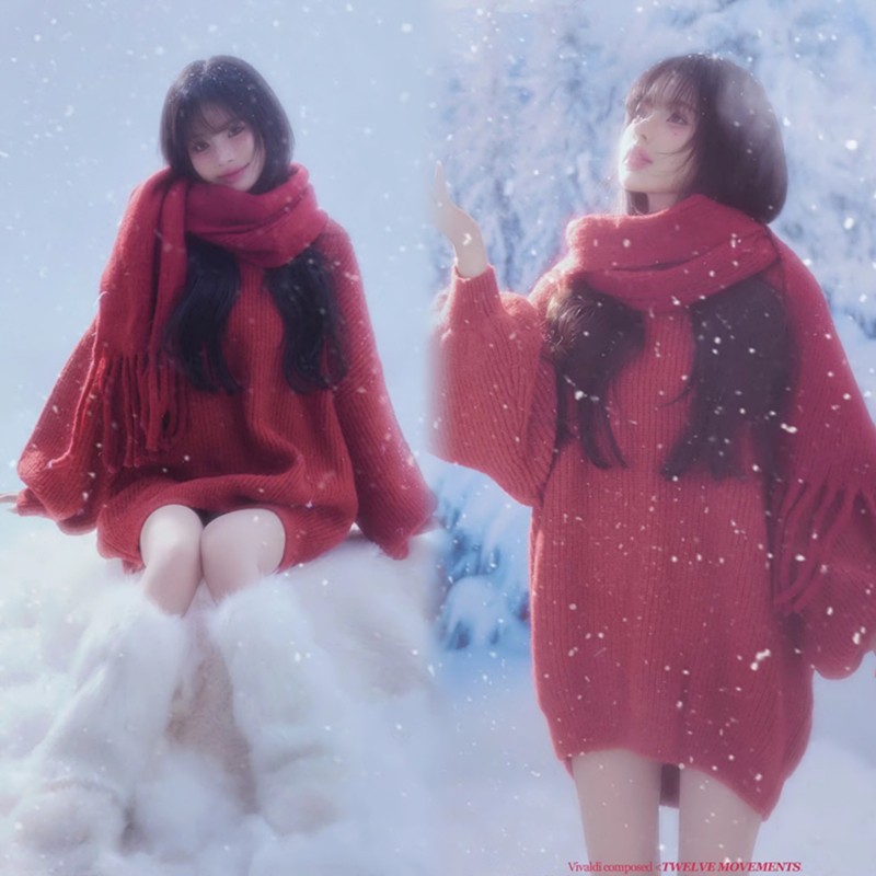 秋冬影楼圣诞节雪景拍照主题慵懒氛围感红色毛衣少女新年摄影服装